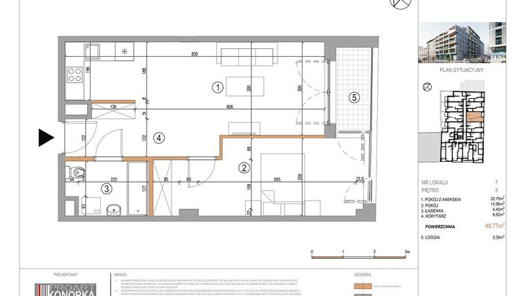 Rzut - Mieszkanie na sprzedaż 2 pokoje o powierzchni 46,77 m² - numer A3/7 w 5th Avenue Apartments