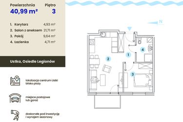 Rzut - Mieszkanie na sprzedaż 2 pokoje o powierzchni 40,99 m² - numer 3.7 w Ustka Flow