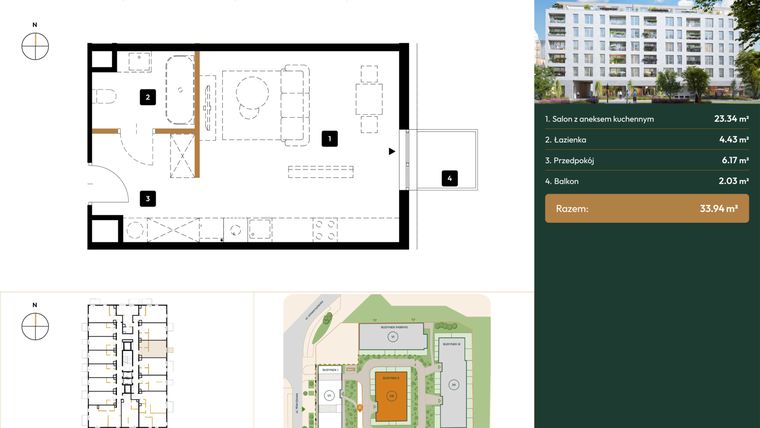 Rzut - Mieszkanie na sprzedaż 1 pokój o powierzchni 33,94 m² - numer B2.5.13 w Wierzbowa 20