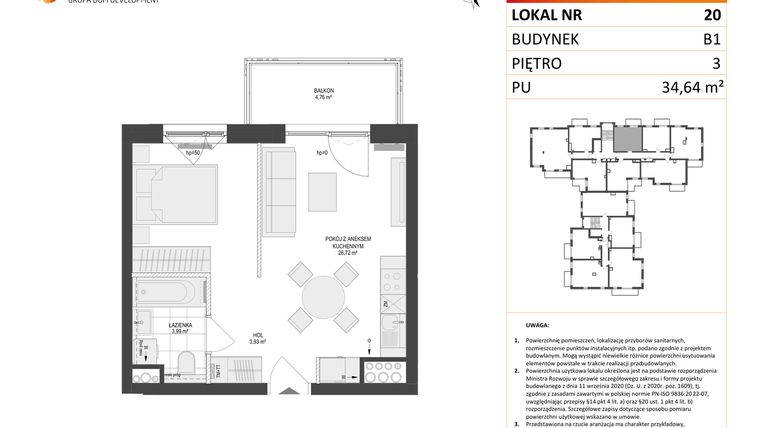 Rzut - Mieszkanie na sprzedaż 1 pokój o powierzchni 34,64 m² - numer 20 w Locus 2
