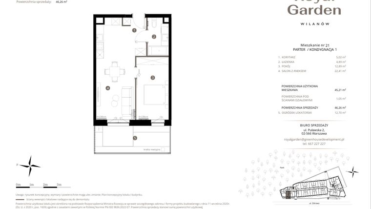 Rzut - Mieszkanie na sprzedaż 2 pokoje o powierzchni 45,21 m² - numer M.21 w Royal Garden Wilanów