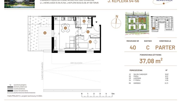 Rzut - Mieszkanie na sprzedaż 2 pokoje o powierzchni 37,08 m² - numer JAR-III-C-LM-M40 w Osiedle JAR Heweliusza etap III