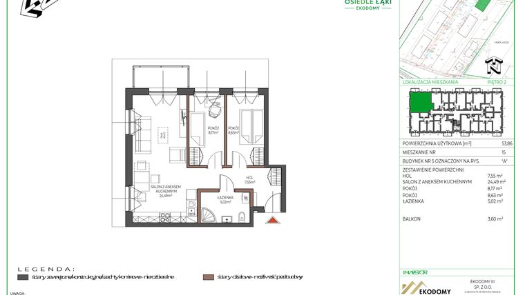 Rzut - Mieszkanie na sprzedaż 3 pokoje o powierzchni 53,73 m² - numer 15 w Osiedle Polna bud. 5