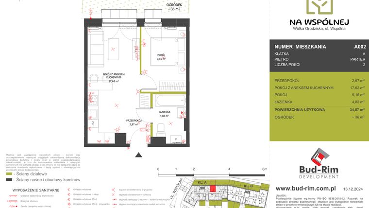 Rzut - Mieszkanie na sprzedaż 2 pokoje o powierzchni 34,57 m² - numer 2 w Na Wspólnej
