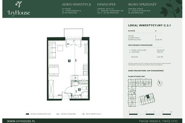 Rzut - Mieszkanie na sprzedaż 1 pokój o powierzchni 33,69 m² - numer C.3.1 w IVY HOUSE - Apartamenty inwestycyjne