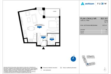 Rzut - Mieszkanie na sprzedaż 1 pokój o powierzchni 38,76 m² - numer B23 301 w Flow - bud. B2 A i bud. B2 B