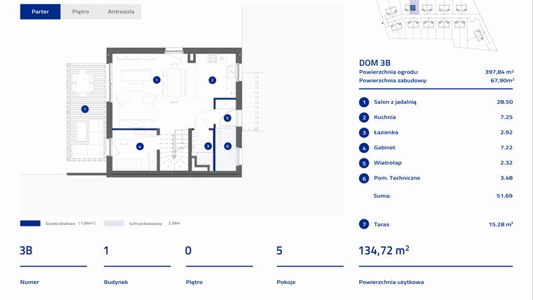 Rzut - Dom na sprzedaż 5 pokoi o powierzchni 134,72 m² - numer 3B w Osiedle Stasinek