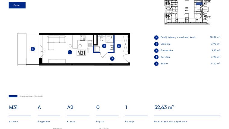 Rzut - Mieszkanie na sprzedaż 1 pokój o powierzchni 32,63 m² - numer 31A w Przy Bursztynowej
