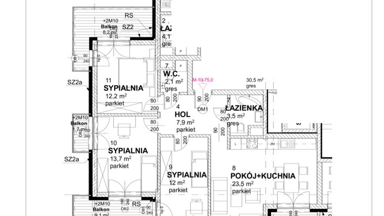 Rzut - Mieszkanie na sprzedaż 4 pokoje o powierzchni 75 m² - numer M-10 w Daszyńskiego 32
