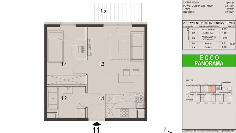 Rzut - Mieszkanie na sprzedaż 2 pokoje o powierzchni 33,41 m² - numer 11C w Ecco Panorama etap II budynki C, D