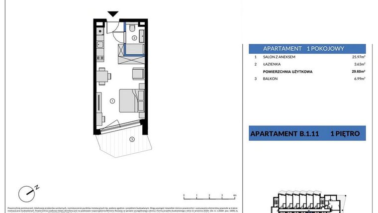 Rzut - Mieszkanie na sprzedaż 1 pokój o powierzchni 29,6 m² - numer B.111 w Wind Yacht
