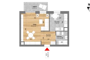 Rzut - Mieszkanie na sprzedaż 1 pokój o powierzchni 43,57 m² - numer M9 w Przy Kochanowskiego
