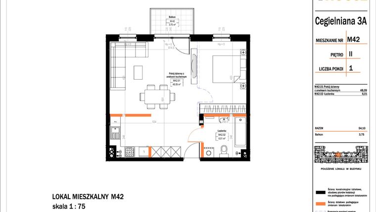 Rzut - Mieszkanie na sprzedaż 1 pokój o powierzchni 54,1 m² - numer 42 w Osiedle StaLove etap II