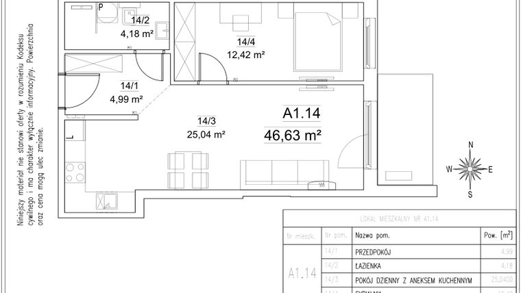 Rzut - Mieszkanie na sprzedaż 2 pokoje o powierzchni 46,63 m² - numer A1.14 w FORTnatura