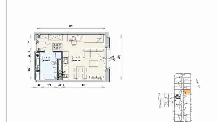Rzut - Mieszkanie na sprzedaż 1 pokój o powierzchni 30,05 m² - numer 1/4/8/1a w Gwarna