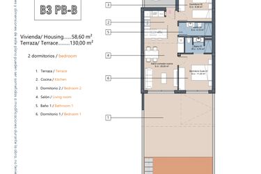 Rzut - Mieszkanie na sprzedaż 2 pokoje o powierzchni 58,6 m² - numer 3.0.B w LA Sunrise - Los Alcázares