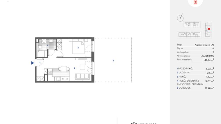 Rzut - Mieszkanie na sprzedaż 2 pokoje o powierzchni 40,21 m² - numer A3.100.M05 w Mieszkaj w mieście - Ogrody Glogera