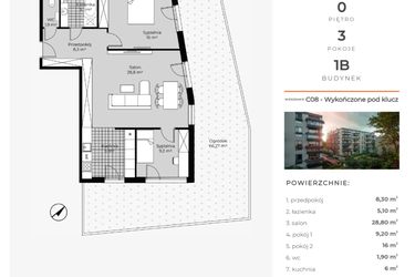 Rzut - Mieszkanie na sprzedaż 3 pokoje o powierzchni 78,33 m² - numer C08 w Na Koszutce