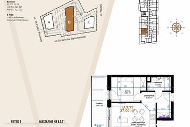 Rzut - Mieszkanie na sprzedaż 2 pokoje o powierzchni 37 m² - numer B.3.11 w Vanda Park