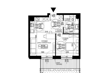 Rzut - Mieszkanie na sprzedaż 2 pokoje o powierzchni 44,23 m² - numer 54 w Ubocze