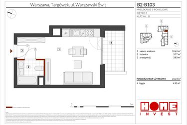 Rzut - Mieszkanie na sprzedaż 1 pokój o powierzchni 26,23 m² - numer B2-B103 w Warszawski Świt etap IX