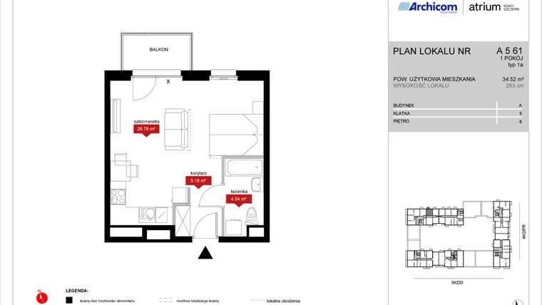 Rzut - Mieszkanie na sprzedaż 1 pokój o powierzchni 34,52 m² - numer A5 61 w Atrium - Nowy Szczepin