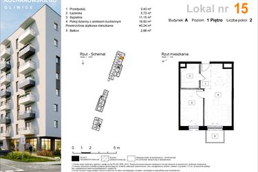 Rzut - Mieszkanie na sprzedaż 2 pokoje o powierzchni 40,55 m² - numer A.15 w Osiedle Kochanowskiego - Gliwice