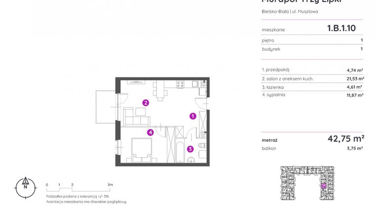 Rzut - Mieszkanie na sprzedaż 2 pokoje o powierzchni 42,75 m² - numer 1.B.1.10 w Murapol Trzy Lipki