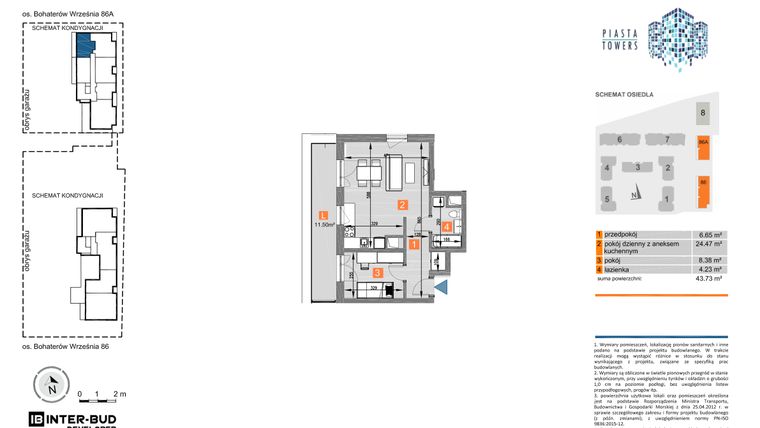 Rzut - Mieszkanie na sprzedaż 2 pokoje o powierzchni 36,96 m² - numer 86.60 w Piasta Towers bud. 86 i 86A