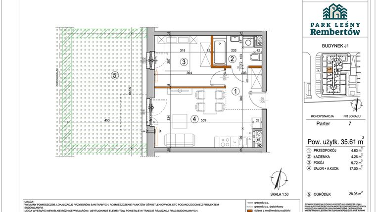 Rzut - Mieszkanie na sprzedaż 2 pokoje o powierzchni 35,61 m² - numer J1-7 w Park Leśny Rembertów etap VIII