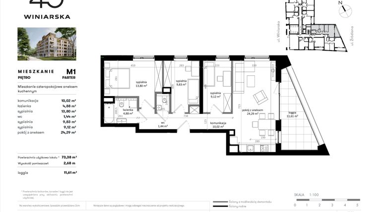 Rzut - Mieszkanie na sprzedaż 1 pokój o powierzchni 73,38 m² - numer M1 w Winiarska 40
