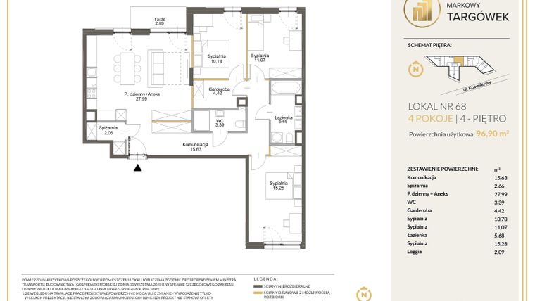 Rzut - Mieszkanie na sprzedaż 4 pokoje o powierzchni 96,53 m² - numer 68 w Markowy Targówek