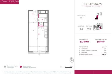 Rzut - Mieszkanie na sprzedaż 1 pokój o powierzchni 31,8 m² - numer 2.3/8/M4 w Lechicka 65