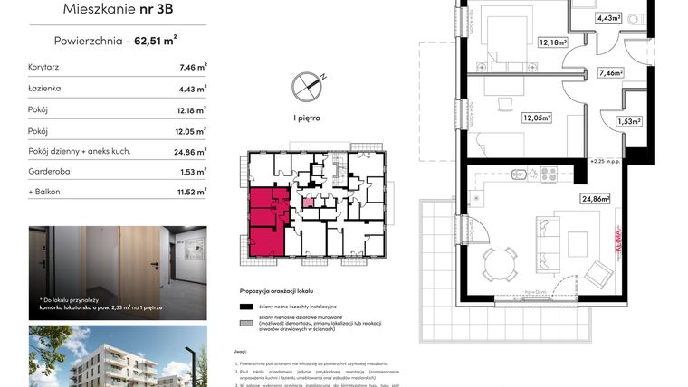 Rzut - Mieszkanie na sprzedaż 3 pokoje o powierzchni 62,51 m² - numer B11.M3B w Novum Rumia