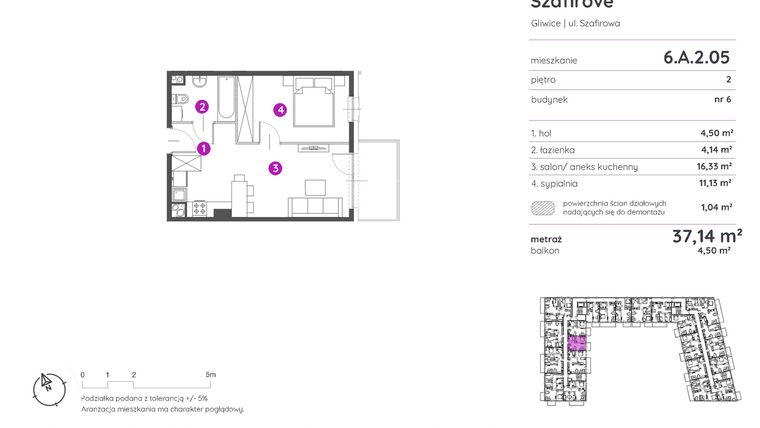 Rzut - Mieszkanie na sprzedaż 2 pokoje o powierzchni 37,14 m² - numer 6.A.2.05 w Murapol Osiedle Szafirove