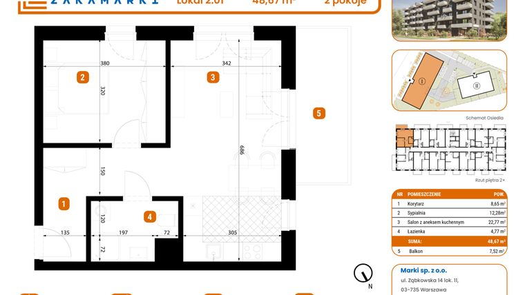 Rzut - Mieszkanie na sprzedaż 2 pokoje o powierzchni 48,67 m² - numer B1/2/01 w Zakamarki