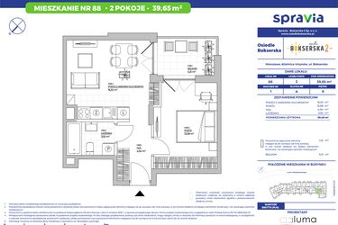 Rzut - Mieszkanie na sprzedaż 2 pokoje o powierzchni 39,65 m² - numer B1.88 w Osiedle Bokserska 2