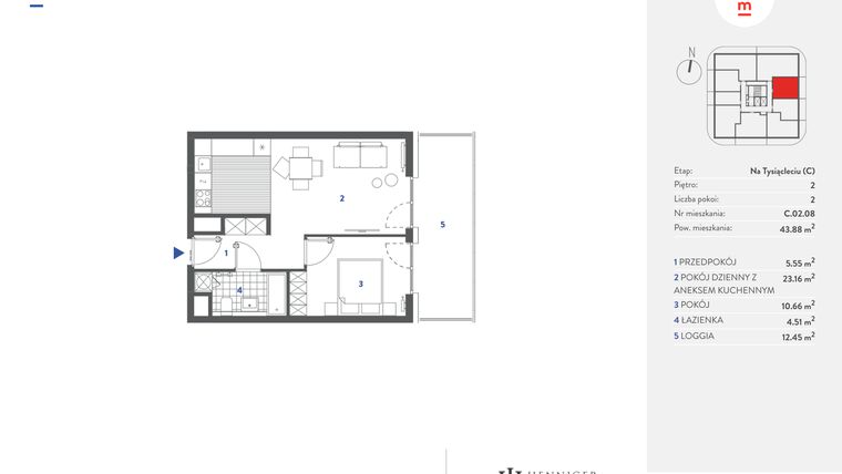 Rzut - Mieszkanie na sprzedaż 2 pokoje o powierzchni 43,86 m² - numer C.02.08 w Mieszkaj w mieście - Na Tysiącleciu budynek C