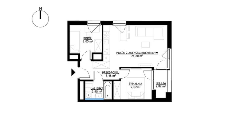 Rzut - Mieszkanie na sprzedaż 3 pokoje o powierzchni 48,29 m² - numer M3 w KrakoVska etap 2