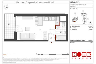 Rzut - Mieszkanie na sprzedaż 1 pokój o powierzchni 26,39 m² - numer B2-A043 w Warszawski Świt etap IX