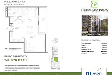 Rzut - Mieszkanie na sprzedaż 2 pokoje o powierzchni 49,36 m² - numer A4.4 w Piekarska Park