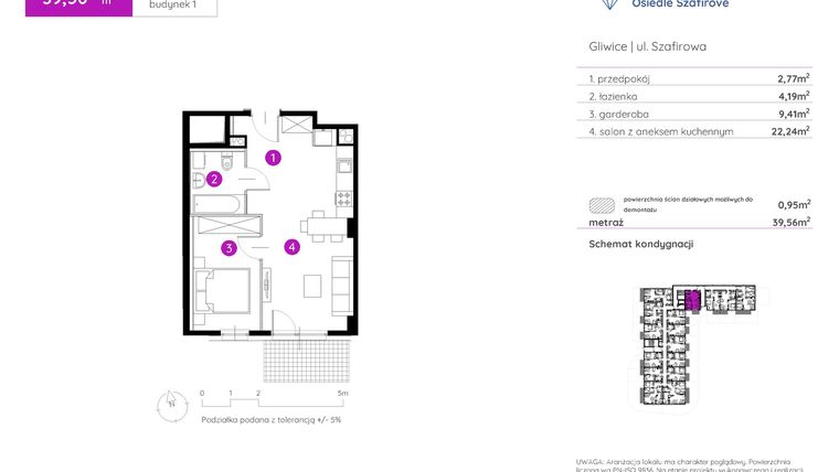 Rzut - Mieszkanie na sprzedaż 1 pokój o powierzchni 39,45 m² - numer 1.A.0.16 w Murapol Osiedle Szafirove II