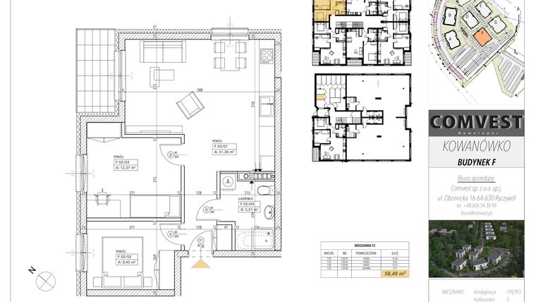Rzut - Mieszkanie na sprzedaż 3 pokoje o powierzchni 58,54 m² - numer F2 w Kowanówko