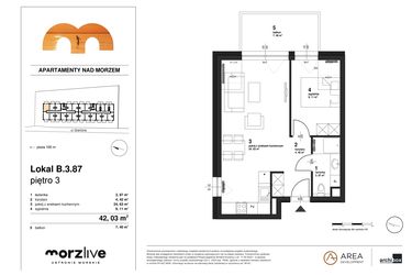 Rzut - Mieszkanie na sprzedaż 2 pokoje o powierzchni 42,03 m² - numer B.3.87 w Morzlive