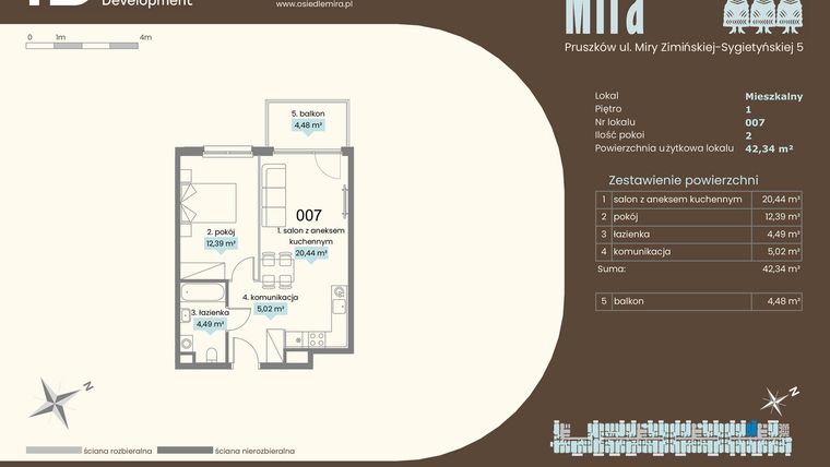 Rzut - Mieszkanie na sprzedaż 2 pokoje o powierzchni 42,34 m² - numer A.007 w Mira