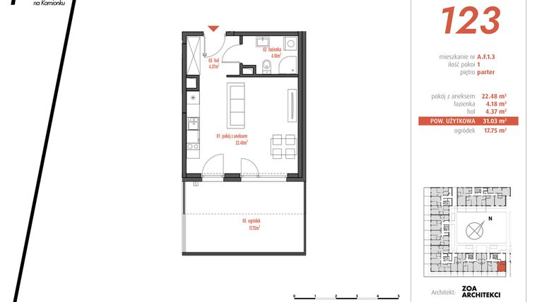 Rzut - Mieszkanie na sprzedaż 1 pokój o powierzchni 31,03 m² - numer AF1.3 w PUR