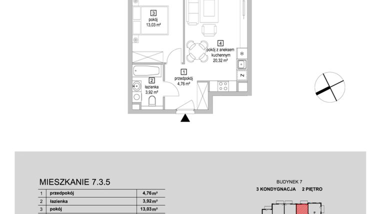 Rzut - Mieszkanie na sprzedaż 2 pokoje o powierzchni 42,03 m² - numer 7.3.5 w Osiedle Przyjemne IV