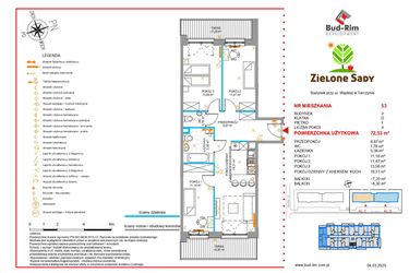 Rzut - Mieszkanie na sprzedaż 4 pokoje o powierzchni 72,53 m² - numer 53 w Zielone Sady etap II