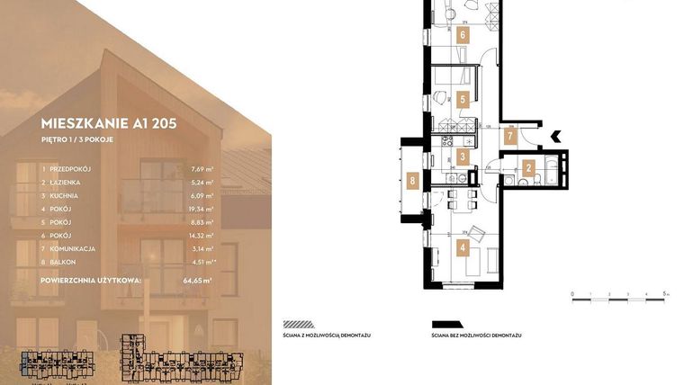 Rzut - Mieszkanie na sprzedaż 3 pokoje o powierzchni 64,65 m² - numer A1.205 w MOTTO Wojnów