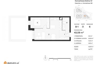 Rzut - Mieszkanie na sprzedaż 2 pokoje o powierzchni 43,09 m² - numer 6 w Koncertowa Dolina